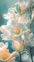 Canvas Print - A close up of a bunch of white flowers with some green leaves. AI.