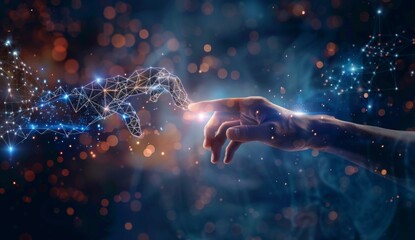 Wall Mural - a hand reaching out to a glowing dot with lines connecting it. ai.