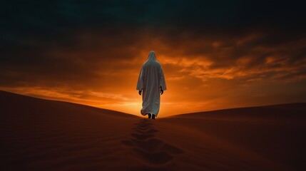 Jesus is led into the desert. The Trials of Jesus․ Jesus walking over sand dunes near Jerusalem under a white cloudy sky.