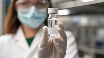 Scientist Holding Small Glass Bottle with Label in Lab