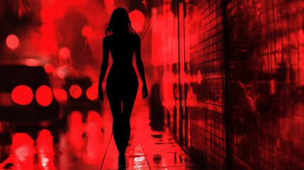 Noir abstract red light district sexy street scene with woman female silhouette pedestrians and urban city night street danger artsy defocused grunge background with copy space