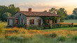 © Chatmongkon - A rustic stone cottage with an old iron gate, wild rose vines cascading over the fence and windows, set amidst an overgrown meadow with wildflowers and tall grasses, glowing in the warm light