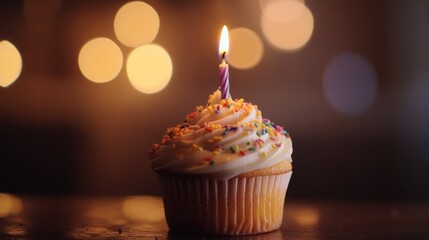 A single cupcake with a lit candle and colorful sprinkles on top against a bokeh background.