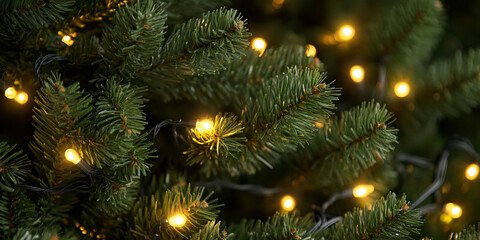 Wall Mural - Close-up of green pine branches illuminated by warm yellow string lights, creating a festive and cozy holiday atmosphere with soft bokeh in the background