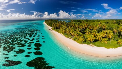 Tropical paradise: sun-kissed beach, crystal-clear water, palm trees swaying in the breeze, and endless blue sky