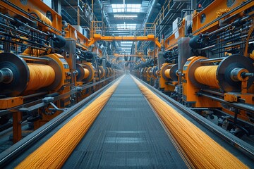 Industrial setting with machinery processing yellow material on a conveyor belt.