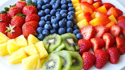 A colorful fruit platter with strawberries, blueberries, kiwi, and pineapple.