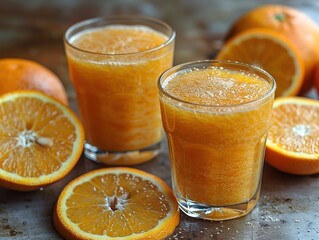 Two glasses of orange juice surrounded by fresh orange slices.