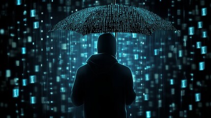 Canvas Print - A figure stands under a digital umbrella, surrounded by cascading binary code, symbolizing protection in a technological landscape.