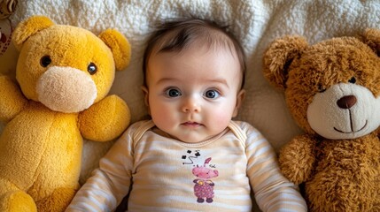 A cute baby girl lies on a fluffy blanket with two teddy bears on either side, looking up at the camera with a curious expression.