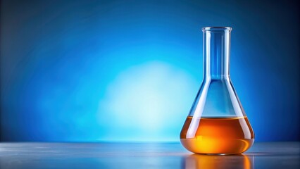 orange solution in science glass flask on blue chemistry school laboratory background , chemistry, s