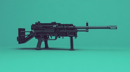 A minimalist image of a heavy machine gun isolated against a solid green background. The robust, industrial form contrasts with the vibrant green, highlighting simplicity and sheer power.