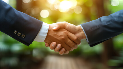 Two businessmen shaking hands in a modern office, symbolizing a successful merger and collaboration, professional handshake in corporate environment.