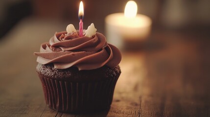 A single chocolate cupcake with a lit candle on a wooden table, with a second candle out of focus in the background.