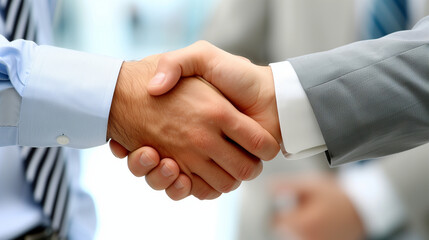 Two businessmen shaking hands in a modern office, symbolizing a successful merger and collaboration, professional handshake in corporate environment.