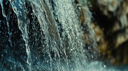 Closeup of cascading water flowing over a rocky cliff face.