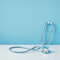 Photo of a stethoscope on a white table against a blue background. banner with copy space on the right.