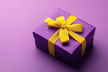 Purple gift box with yellow bow on rustic wooden background, casting a soft shadow.