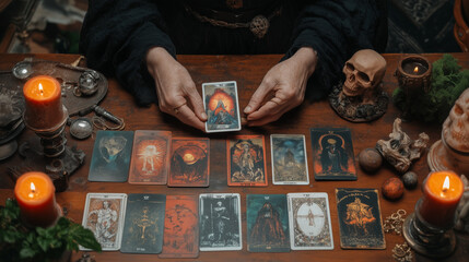 A fortuneteller, seer, medium, oracle, witch, shaman, mystic, ritualist, or snake doctor dealing cards of destiny, life, death, good or bad omens,  and will tell the future, bless, curse, or scam you