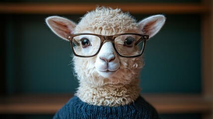 Wall Mural - A clever sheep wearing glasses and a sweater poses for a fun photo indoors, showcasing a unique personality