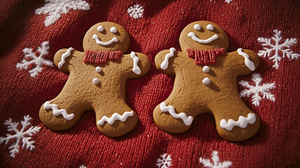 Gingerbread cookies on festive red background evoke holiday cheer