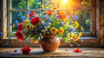 Poster - A Rustic Windowsill Adorned with Vibrant Wildflowers in a Earthenware Vase Bathed in Warm Sunlight