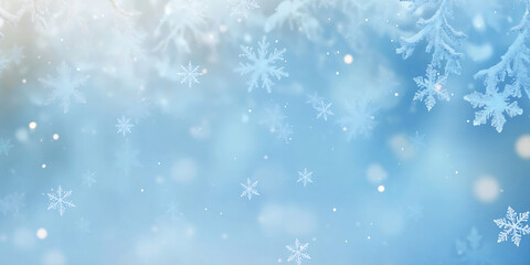 Delicate snowflakes gently falling against a soft blue gradient background, evoking the peaceful beauty and serenity of winter