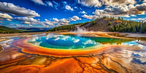 Wall Mural - A serene thermal pool reflecting the vibrant sky, surrounded by a lush forest and a canvas of earthy tones.