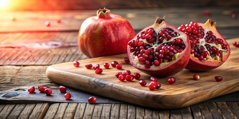 Canvas Print - Juicy Pomegranate Fruit Cut in Half on a Rustic Wooden Cutting Board with Scattered Seeds