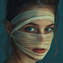 Canvas Print - cute young woman with bands wrapping her face ,still visible eyes and parts of her face