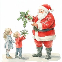 Santa Claus handing out mistletoe to children clipart, festive gesture, watercolor illustration, hard watercolor edges, isolated on white background