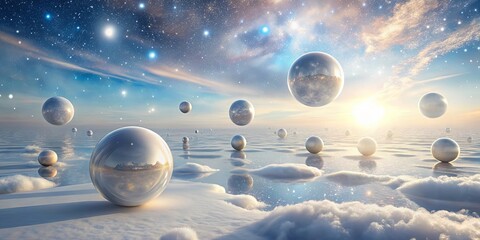Wall Mural - A surreal dreamscape of ethereal orbs floating upon a tranquil sea of clouds, bathed in the soft glow of a celestial sunrise
