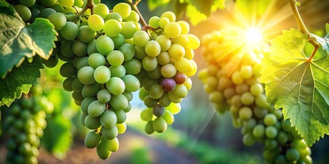 Canvas Print - Sunlit clusters of ripe grapes hanging on a vine, bathed in golden light, a testament to the natural bounty of the season.