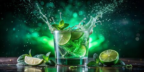 A refreshing lime and mint cocktail with a splash of water against a green background.