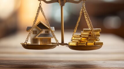 Aufkleber - A small model house and gold bars are carefully balanced on opposite sides of a scale, symbolizing the comparison between real estate and gold as investment choices.