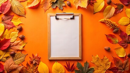 Sticker - Blank Clipboard Surrounded by Autumn Leaves on Orange Background