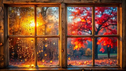 Wall Mural - A weathered wooden windowpane framed by nature's artistry, showcasing a soft, golden sunset and the vibrant hues of autumn foliage, all reflected through a curtain of raindrops.