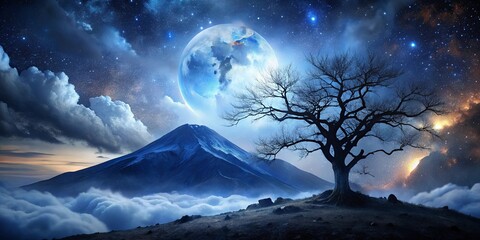 Wall Mural - A lone tree stands sentinel against a backdrop of celestial wonder, a majestic mountain rising from a sea of clouds beneath a radiant blue moon and a sky ablaze with countless stars.