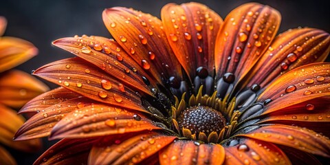 Poster - Close-up of a flower with water droplets on its petals, showcasing vibrant hues of orange, brown, and black, a captivating display of nature's beauty