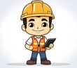 © Somphob - Cute Cartoon Construction Worker (Presenting a Tablet)'A cute cartoon construction worker holding a tablet with engineering gears displayed, giving a wink and a thumbs-up. The character wears a yello