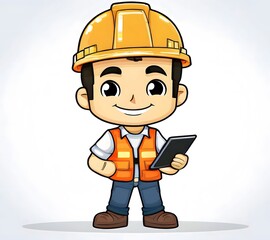 cute cartoon construction worker (presenting a tablet) 