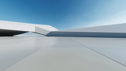 Wall Mural - 3d render of abstract modern concrete white architecture with empty cement floor, minimal exterior, car presentation background