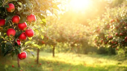 Poster - An apple tree in a sunny orchard, its branches full of bright red apples