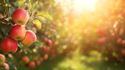 Poster - An apple tree in a sunny orchard, its branches full of bright red apples