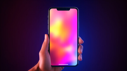 Hand holding mobile phone displaying a blank white screen showcasing a versatile device mockup for design purposes.   Smartphone in neon. Woman hand holds phone, isolated on blue background
