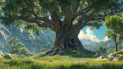 Poster - AI-generated giant ancient tree with roots sprawling across a grassy meadow, surrounded by smaller trees and flowers.