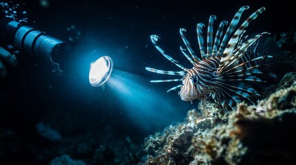 Wall Mural - Close-up of a diver observing a lionfish resting among coral at night, their flashlight casting dramatic shadows across the seafloor of Koh Tao.