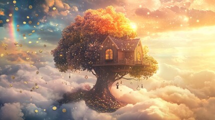Fototapete - A cozy treehouse perched on a massive tree floats among fluffy clouds, illuminated by a stunning sunset. Sparkling particles dance in the air, creating a magical, enchanting atmosphere.