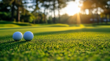 Two golf balls on a vibrant green lawn with sunlight casting a warm glow, perfect for outdoor sports and leisure themes.