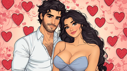 A man and a woman are standing in front of a wall of hearts. The man is wearing a white shirt and the woman is wearing a blue top. The image is a cartoonish representation of a couple in love